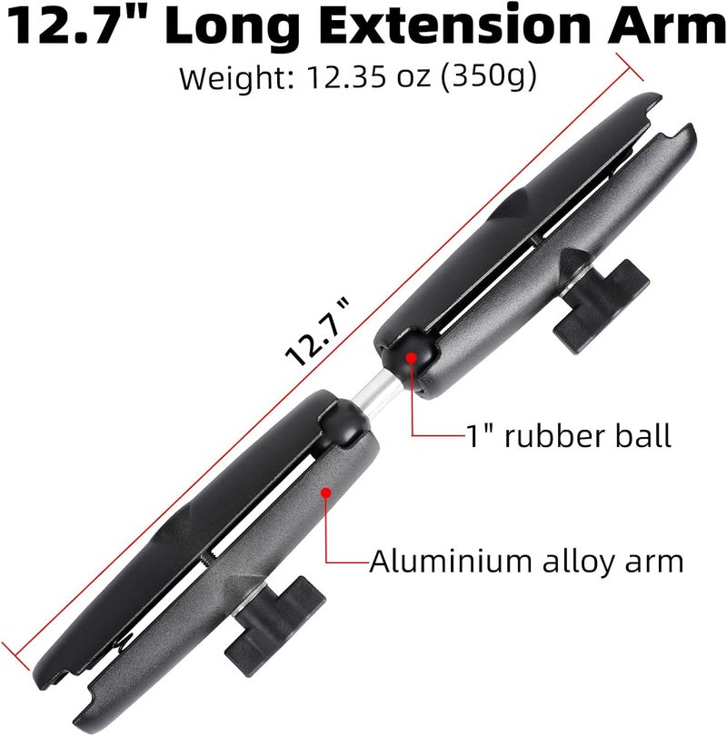 FPN Dual Extension Double Socket Arm with 1" Double Ball Adapter Compatible with RAM B Size Mount and Other 1 inch Industry Standard Device, 360° Rotation Rod for Bike, Truck, Car (12.7" Length) - Image 2